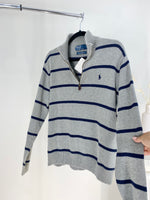 VINTAGE RALPH LAUREN GREY STRIPED QUARTER ZIP SWEATER