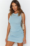 LIGHT BLUE CINCHED SIDE KNIT DRESS