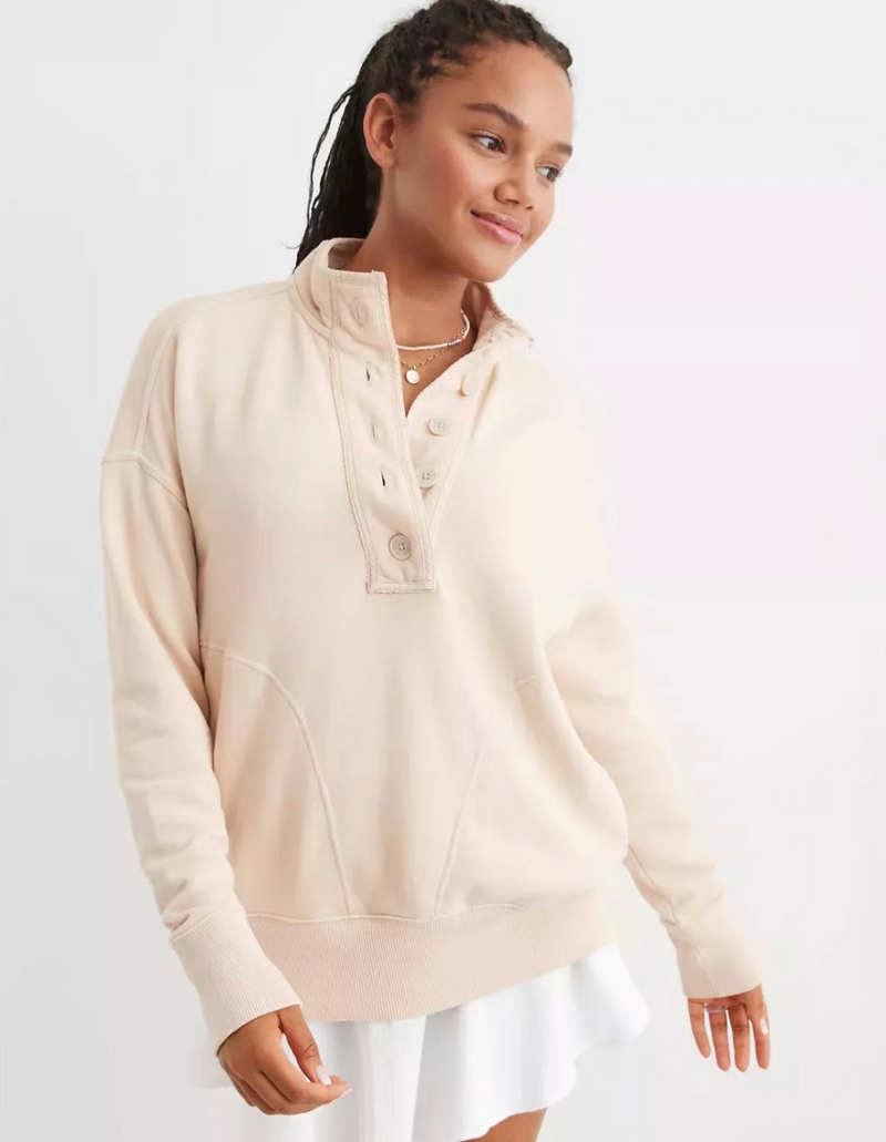 AERIE CREAM BUTTON UP HENLEY SWEATSHIRT