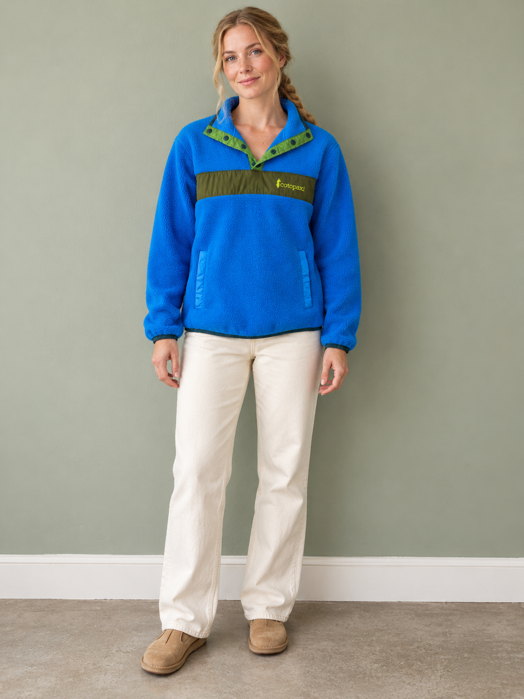 Cotopaxi bright blue and olive snap fleece pullover, front view