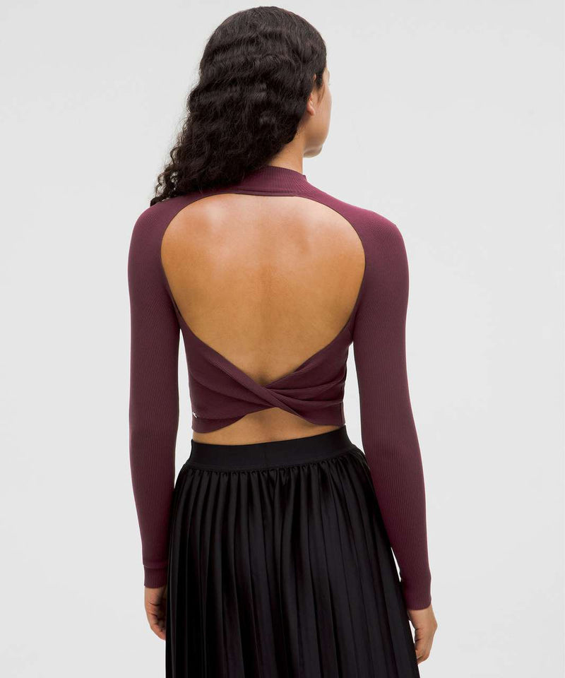 LULULEMON RIBBED KNIT TWIST BACK MOCK NECK SWEATER