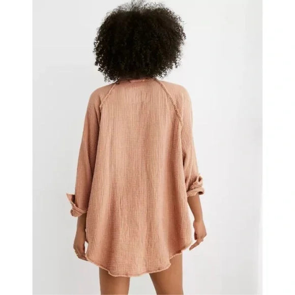 AERIE OVERSIZED GAUZE BUTTON-UP TAN SHIRT