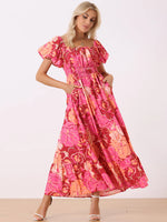 FLORAL SQUARE NECK PUFF SLEEVE MAXI DRESS