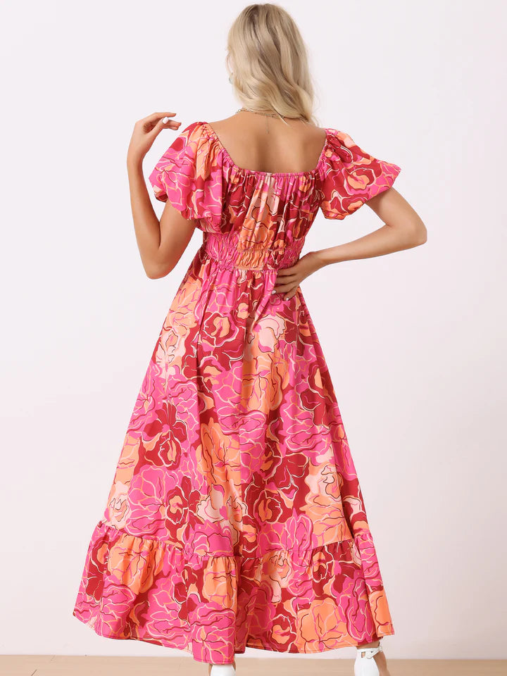 FLORAL SQUARE NECK PUFF SLEEVE MAXI DRESS