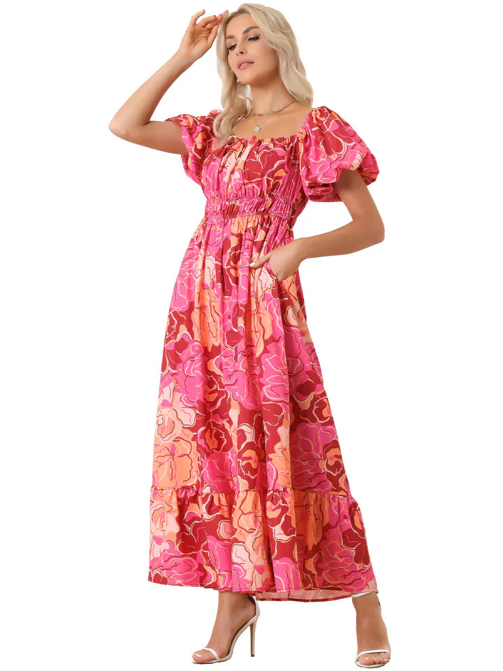 FLORAL SQUARE NECK PUFF SLEEVE MAXI DRESS