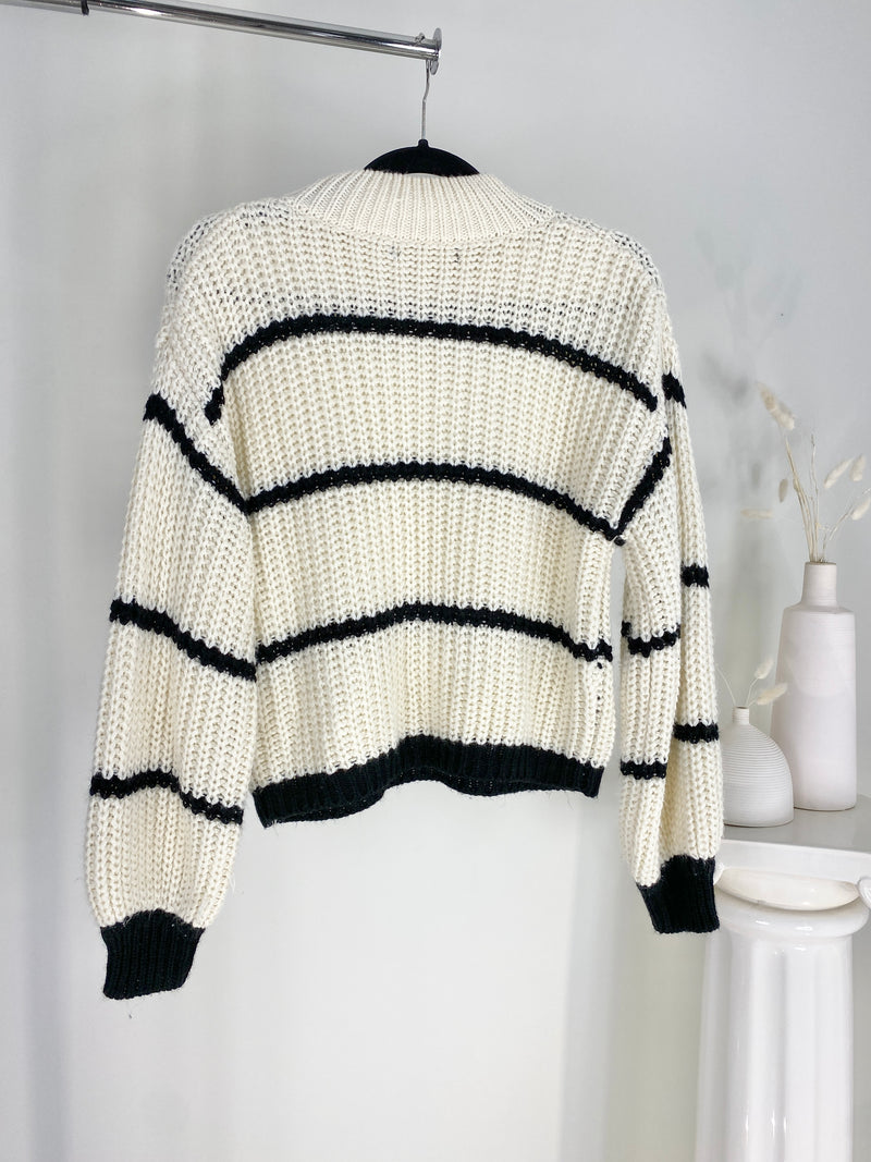 STRIPED MOCK NECK KNIT SWEATER