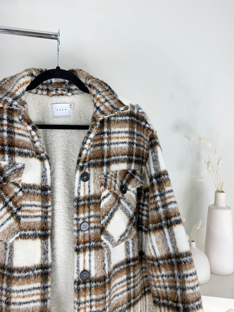 NEUTRAL PLAID SHERPA LINED COZY SHACKET