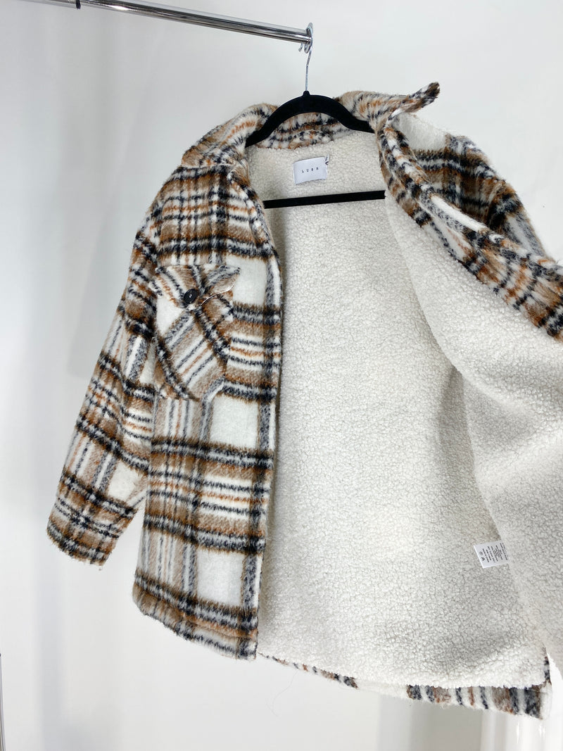 NEUTRAL PLAID SHERPA LINED COZY SHACKET